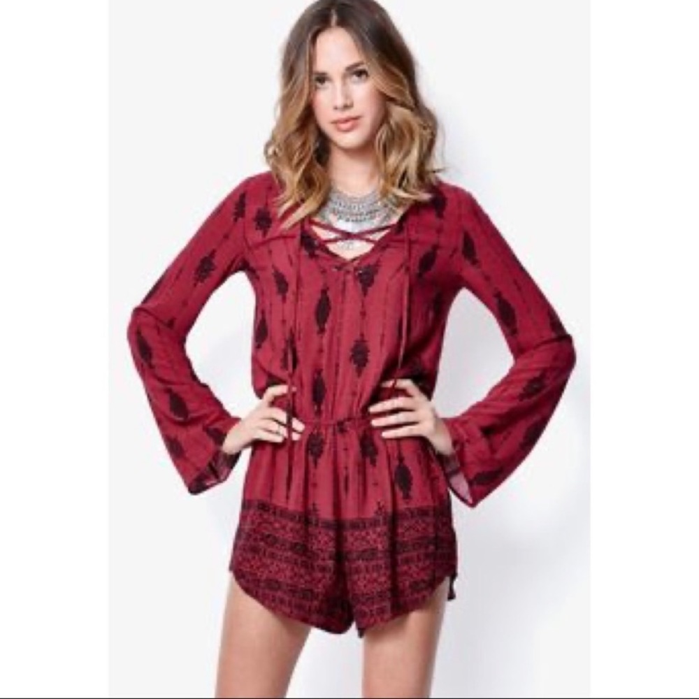 Kendall & Kylie Maroon Long Sleeve Boho Romper